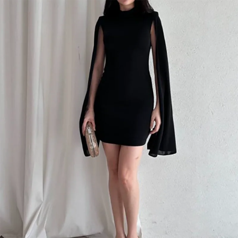 New 2026 Office Elegant Mini Dresses Fashion Women's O Neck Cape Sleeve Party Dress Spring Summer Velvet Solid Color Short Dress