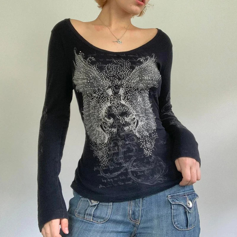 Goth Thermal T-shirt Skulls Graphic Print Long Sleeve Pullovers Tops Women 90s Vintage Aesthetic Tees