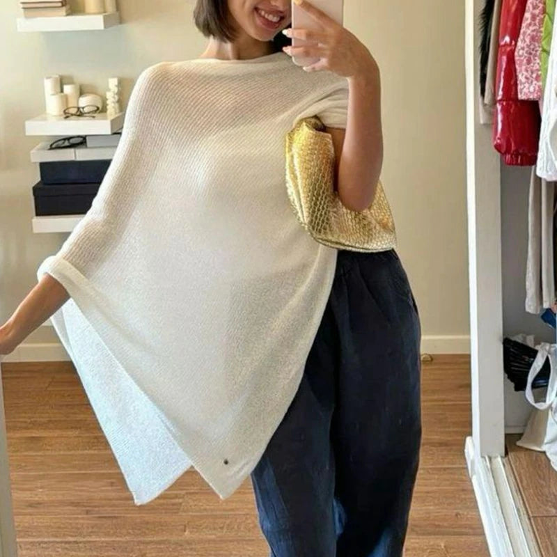 Combhasaki Women Knitwear Bikini Cover-up See-through Solid Off Shoulder Irregular Triangle Hem Loose Pullover Summer Beach Tops