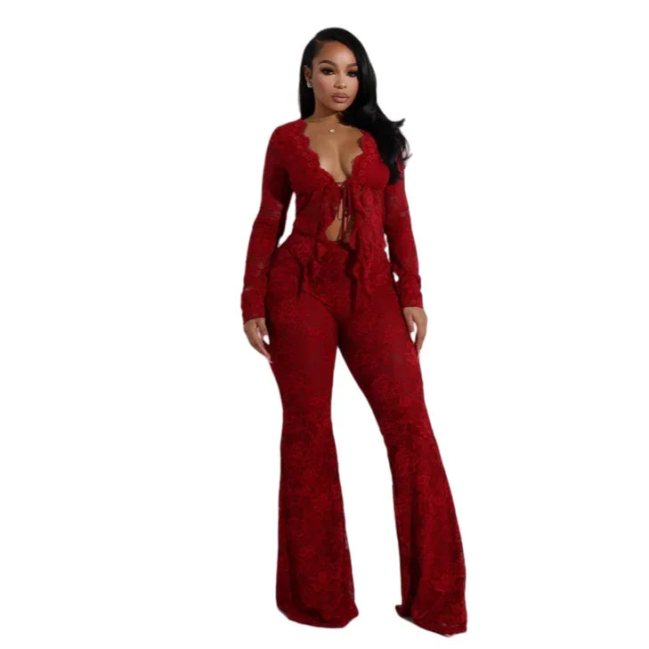 Women's Set Long Sleeve Lace See Through Shirt + Long Pants Street Evening Sexy Two 2Piece Sets Outfits Tracksuit