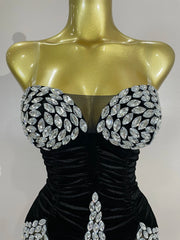 Elegance Sparkly Diamonds Black Mesh Velvet Short Dress Women Celebrate Evening Birthday Party Performance Photoshoot Stage Wear