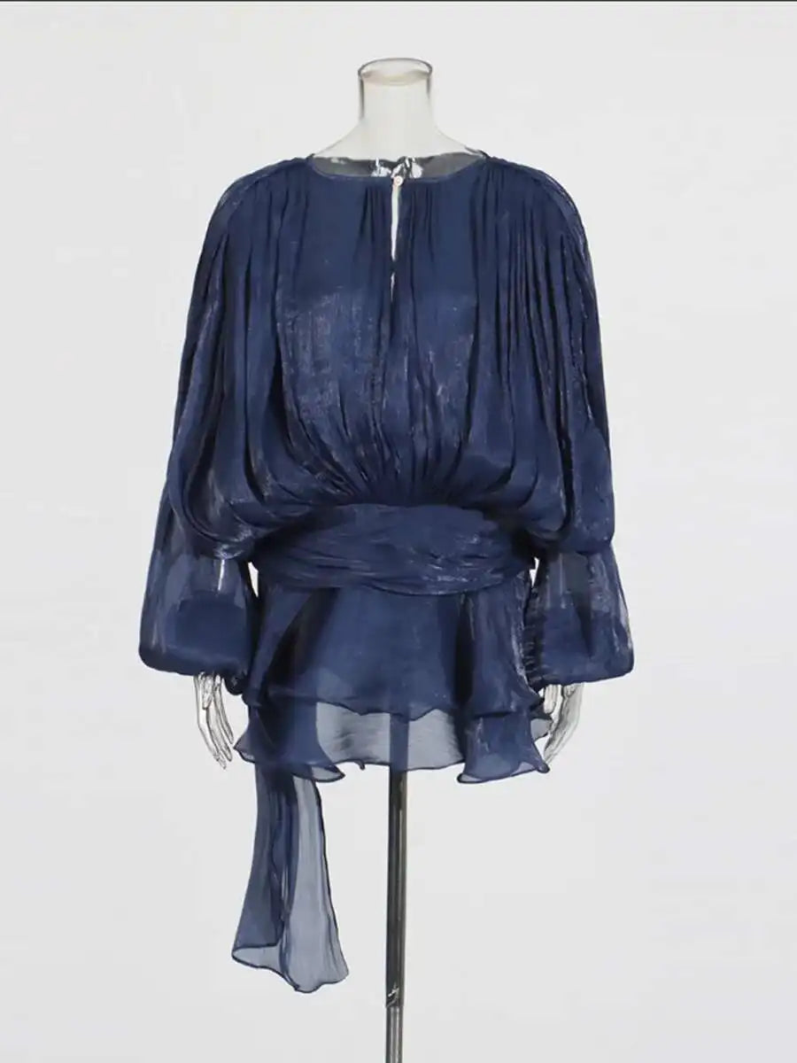 Solid Blouse Mini Dresses For Women V Neck Long Sleeve Spliced Lace Up Sweet Style Dress Female Clothing Fashion