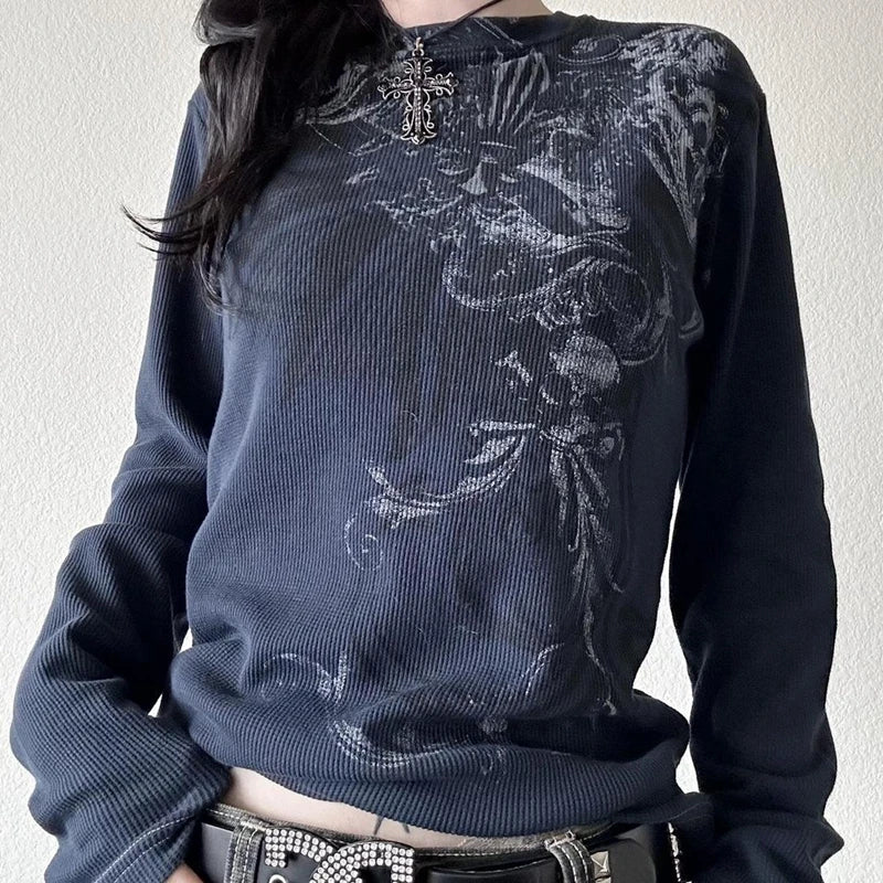 Goth Thermal T-shirt Skulls Graphic Print Long Sleeve Pullovers Tops Women 90s Vintage Aesthetic Tees