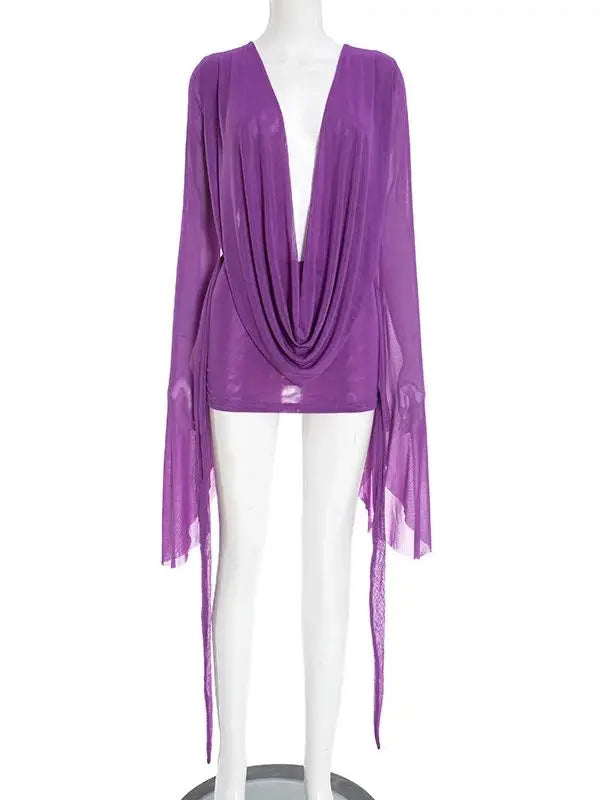 Beyprern Elegant Flare Sleeve V Neck Ruched Sheer Mesh Short Dress Pink Holiday Outfits Beach Cover-Up Dress Night Out Vestidos