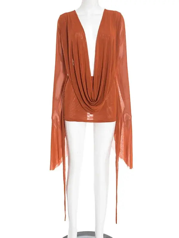 Beyprern Elegant Flare Sleeve V Neck Ruched Sheer Mesh Short Dress Pink Holiday Outfits Beach Cover-Up Dress Night Out Vestidos