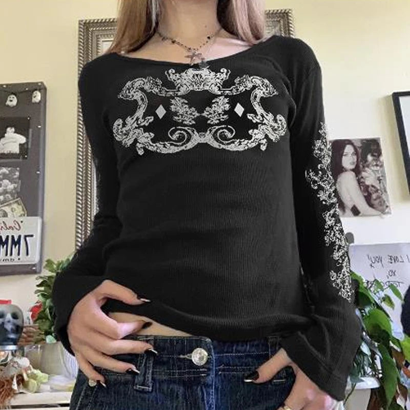 Goth Thermal T-shirt Skulls Graphic Print Long Sleeve Pullovers Tops Women 90s Vintage Aesthetic Tees