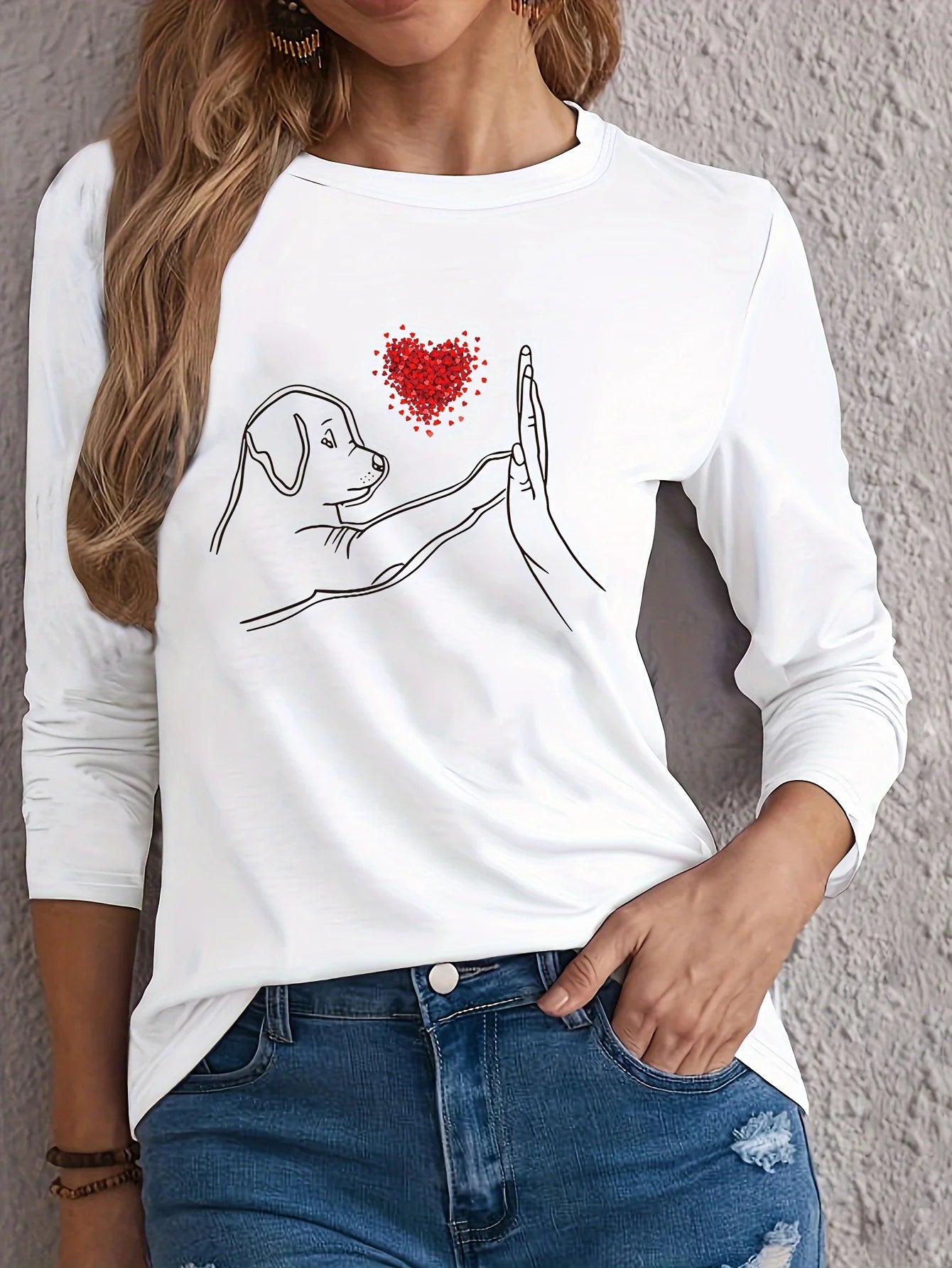 100% pure cotton women's spring and autumn loose comfortable cartoon cat graphic printed long sleeved round neck T-shirt
