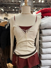 Bandage Lace Trim Long Sleeve T-shirt  Sexy V-neck Cotton Slim Tshirt Top Female Casual Simple Solid Elegant Woman's Tees