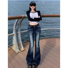 Y2K Slim Fit High Waist Casual Womens Jeans Retro Denim Pants Low Rise Flared Trousers Long Bootcut Drag Autumn for Women