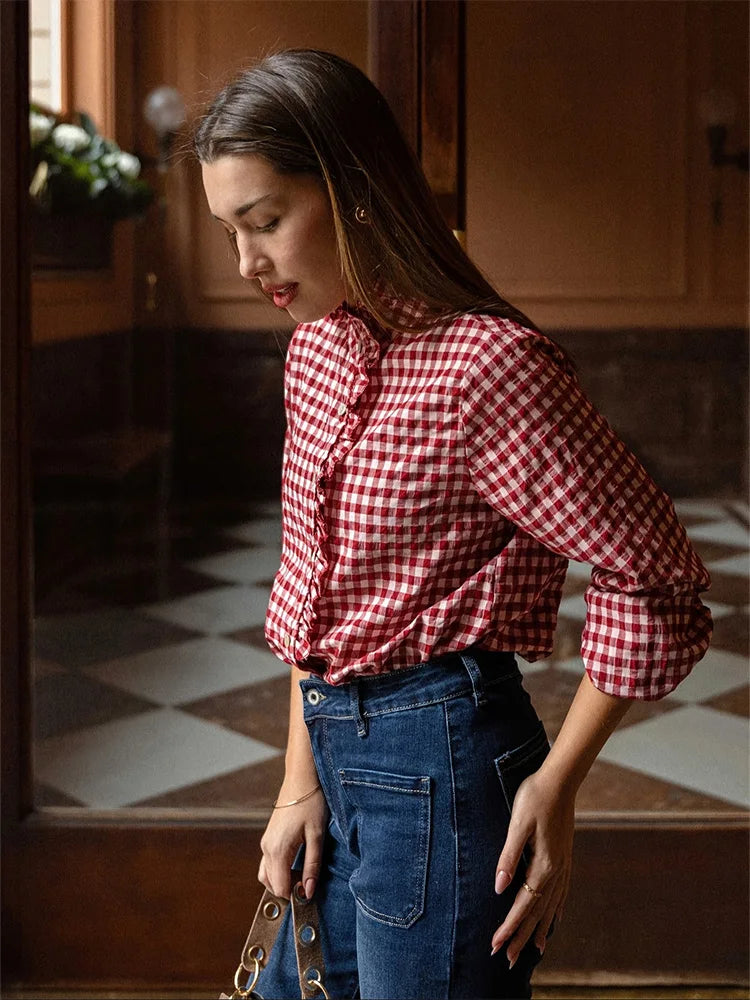 Women's Red White Gingham Ruffled Turtleneck Blouse Ruffle Front Long Sleeve Loose Fit Casual Office Daily Top