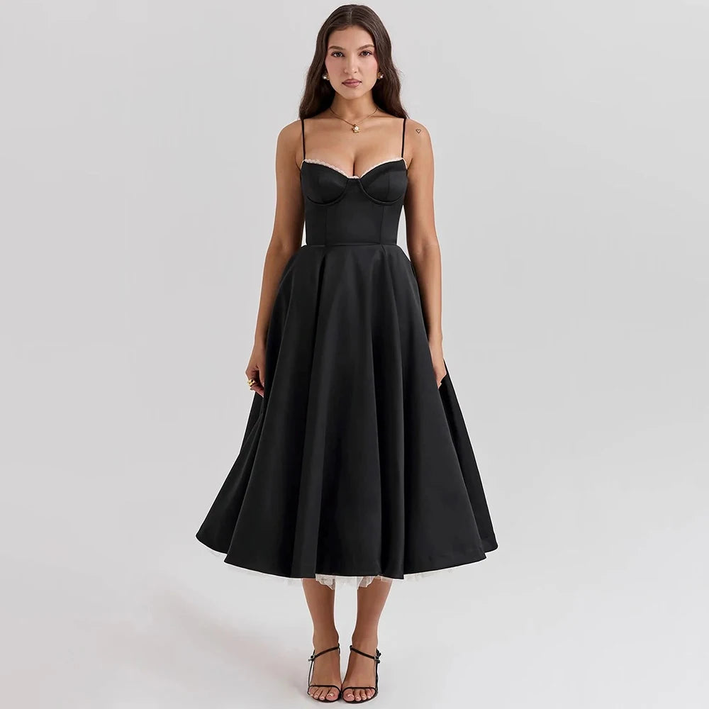 Women's Casual Spaghetti Strap A Line Flowy Midi Dresses Party Evening Gown Backless Elegant Wedding Guest Dress with Pockets