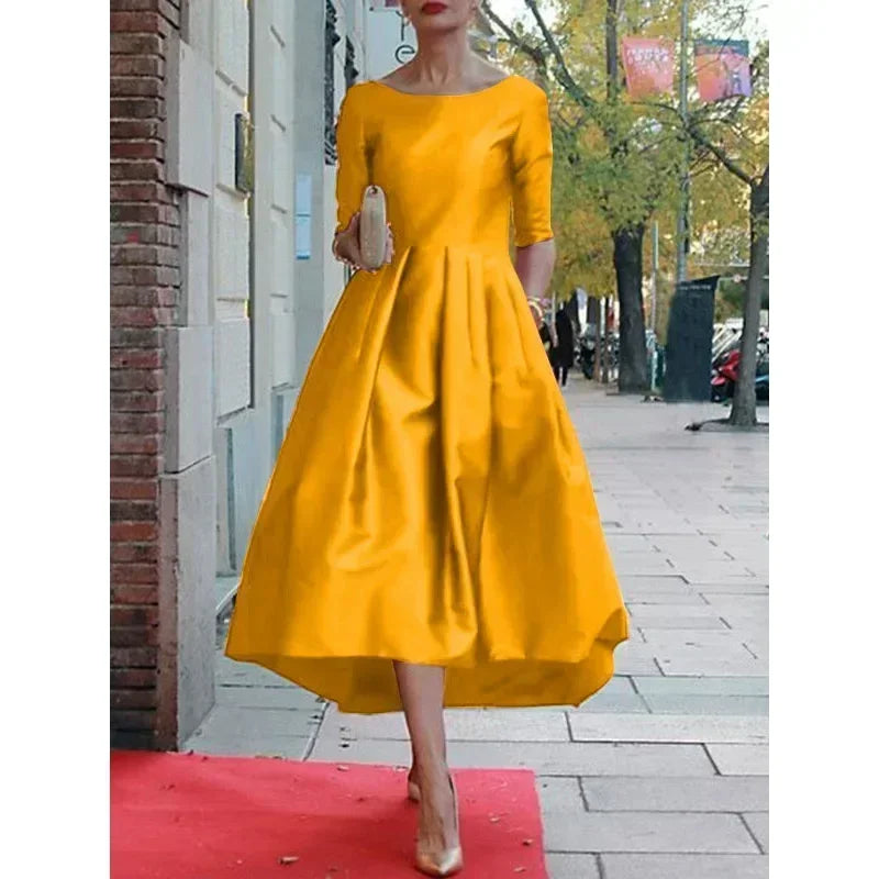 Women's A-Line Long Sleeve Dress 2026 Half Sleeves O-Neck Pleated Elegant Classical Evening Christmas Urban Lady Midi Dresses