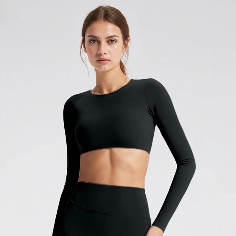 Women Fitness T Shirt Long Sleeve Open Back Pilates Yoga Padded Crop Top Running Workout Fitness Blouse