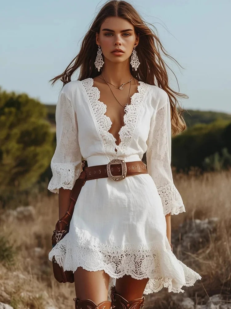 Women's Boho Lace Dress Deep V Neck Flare Sleeve Ruffle Hem Mini Dress Vintage Country Concert Festival Beach Party Dresses