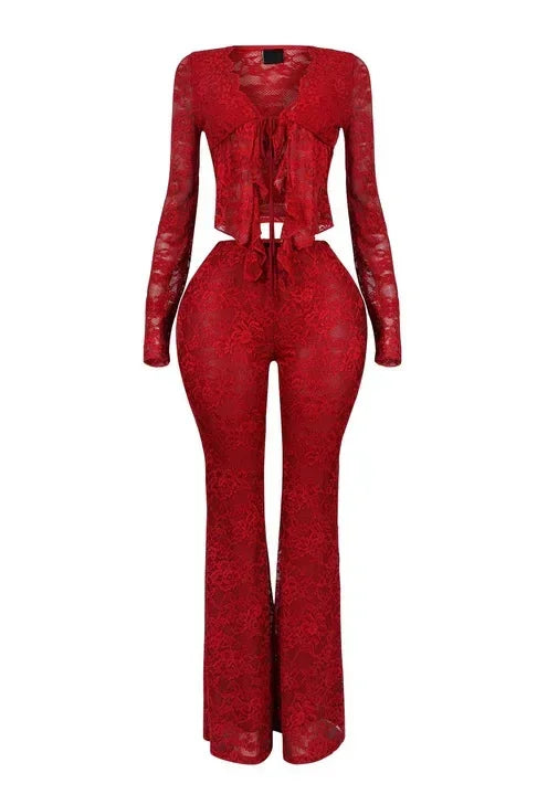 Women's Set Long Sleeve Lace See Through Shirt + Long Pants Street Evening Sexy Two 2Piece Sets Outfits Tracksuit