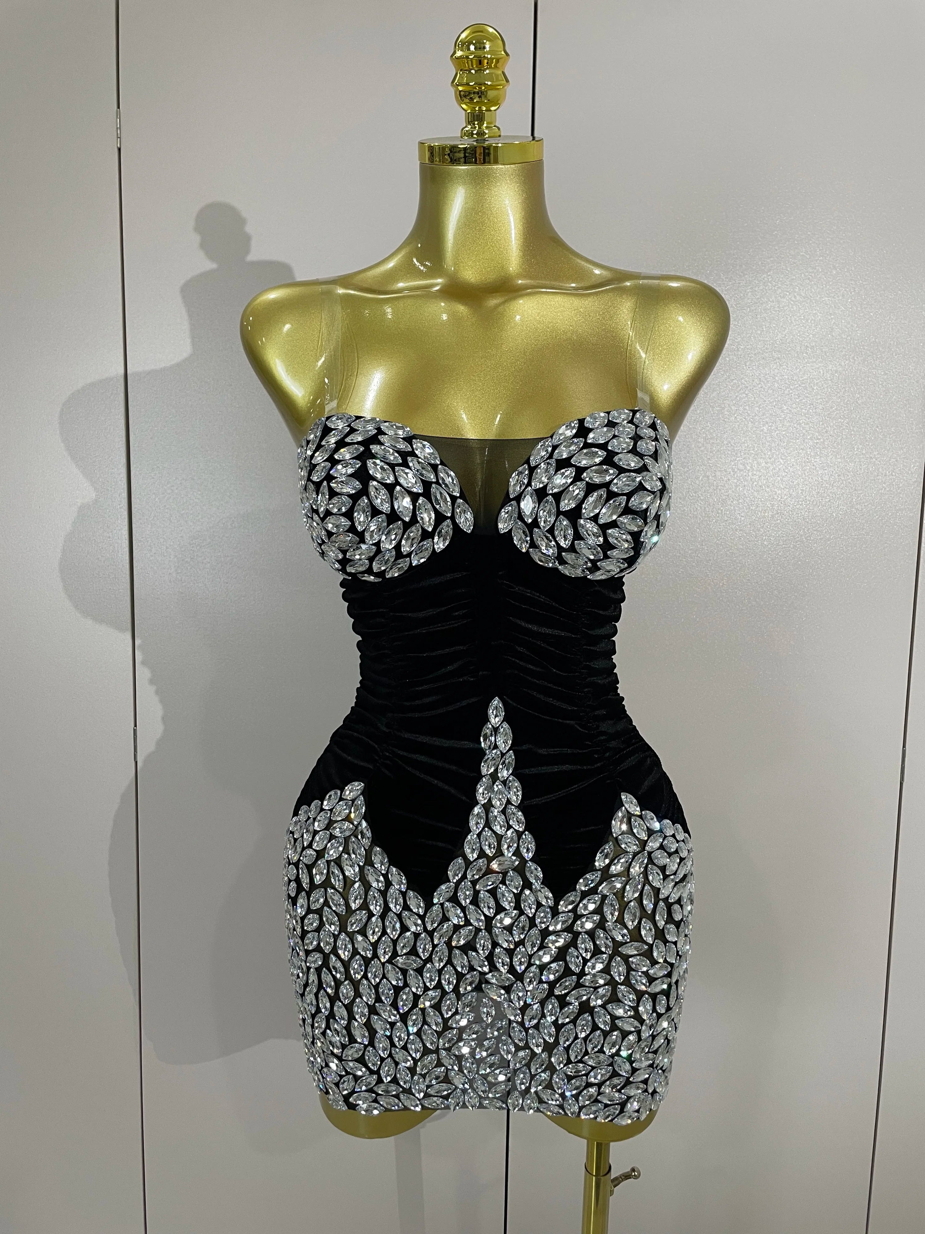 Elegance Sparkly Diamonds Black Mesh Velvet Short Dress Women Celebrate Evening Birthday Party Performance Photoshoot Stage Wear