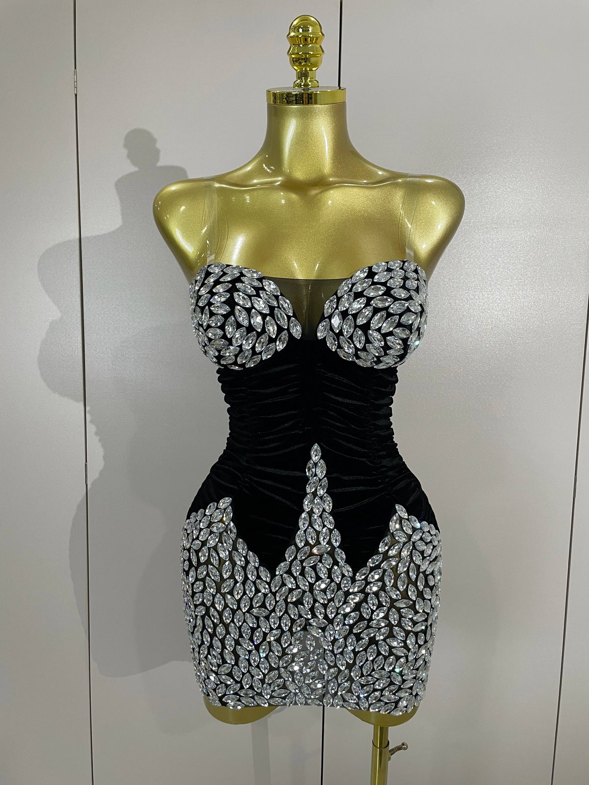 Elegance Sparkly Diamonds Black Mesh Velvet Short Dress Women Celebrate Evening Birthday Party Performance Photoshoot Stage Wear