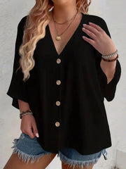 Plus Size 2025 New Fashion Women's Tops Loose V-Neck Long Sleeve T-Shirt Spring Summer Elegant Solid Color Casual Blouse