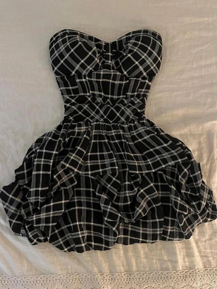 Spring Sweet Vintage Elegant Woman Dress Y2k Puff Sleeve High Waist Fake 2 Piece Mini Dress Female Doll Collar Chic Outfits