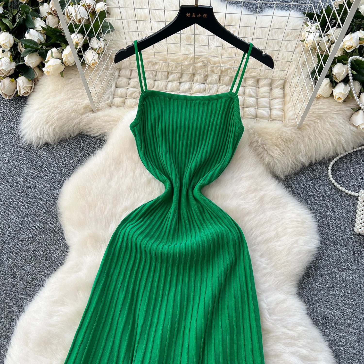 Knitted Pleated Long Dress High Waist Midi Sling Dress Elegant Sleeveless Yellow Dress Women Streetwear Black Bodycon Dress