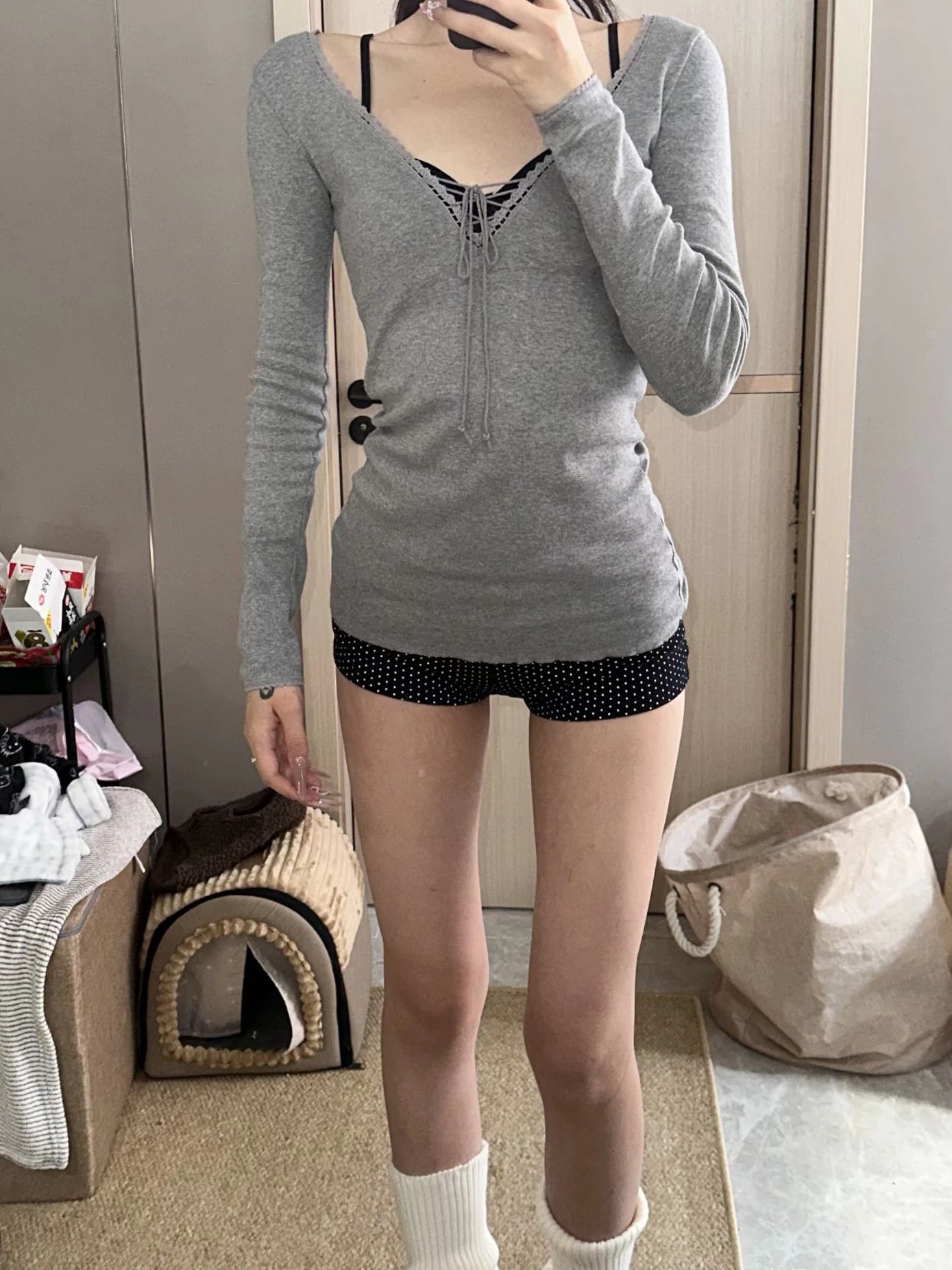 Bandage Lace Trim Long Sleeve T-shirt  Sexy V-neck Cotton Slim Tshirt Top Female Casual Simple Solid Elegant Woman's Tees