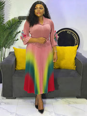 Lapel Lantern Sleeves Belt Waist Slimming Gradient Pleated A-line Skirt Elegant Women's Clothing 9R66