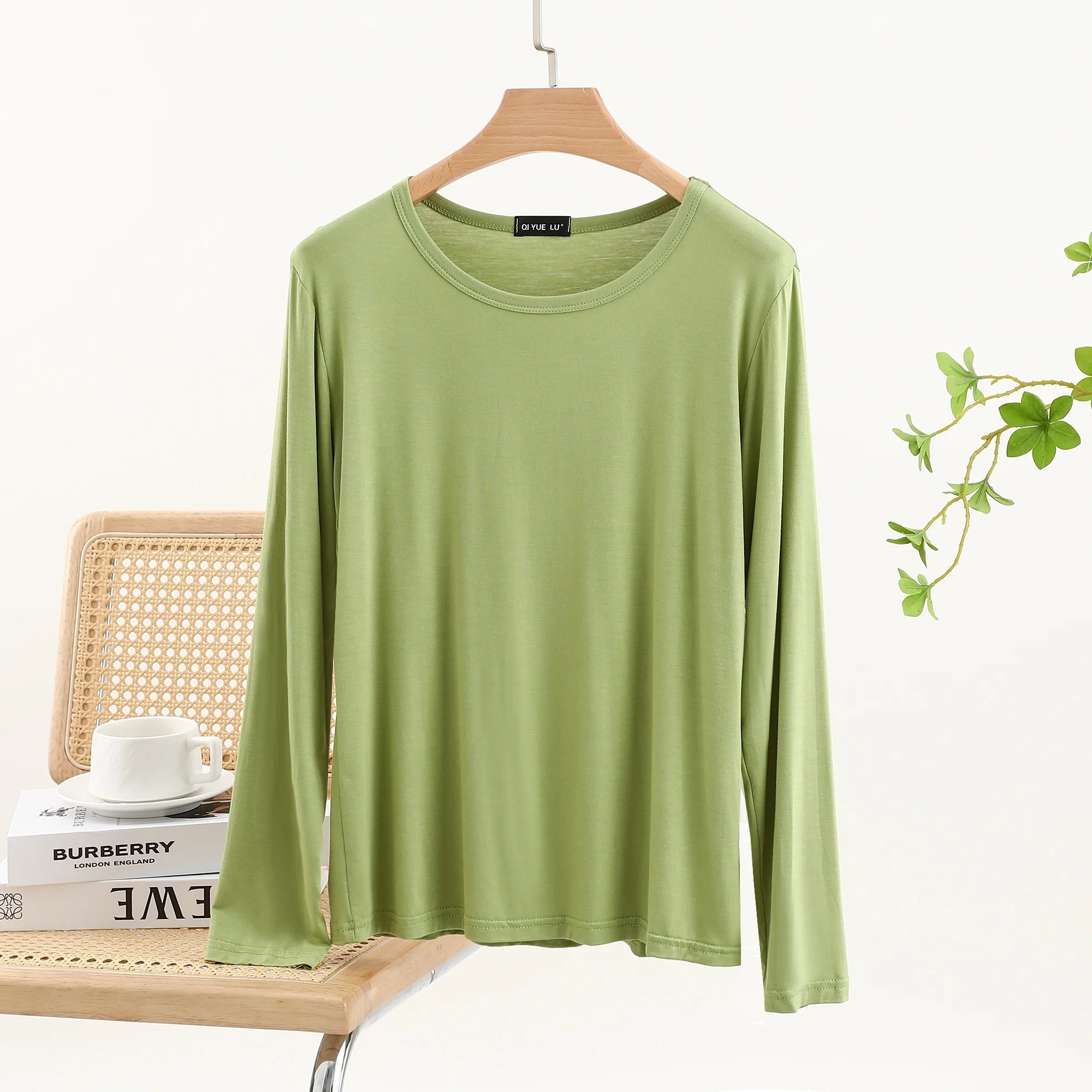 Casual Modal Long Sleeve T-Shirt Women's Spring Thin Round Neck Base Shirt Loose Fit Plus Size Slim Pure Color Top