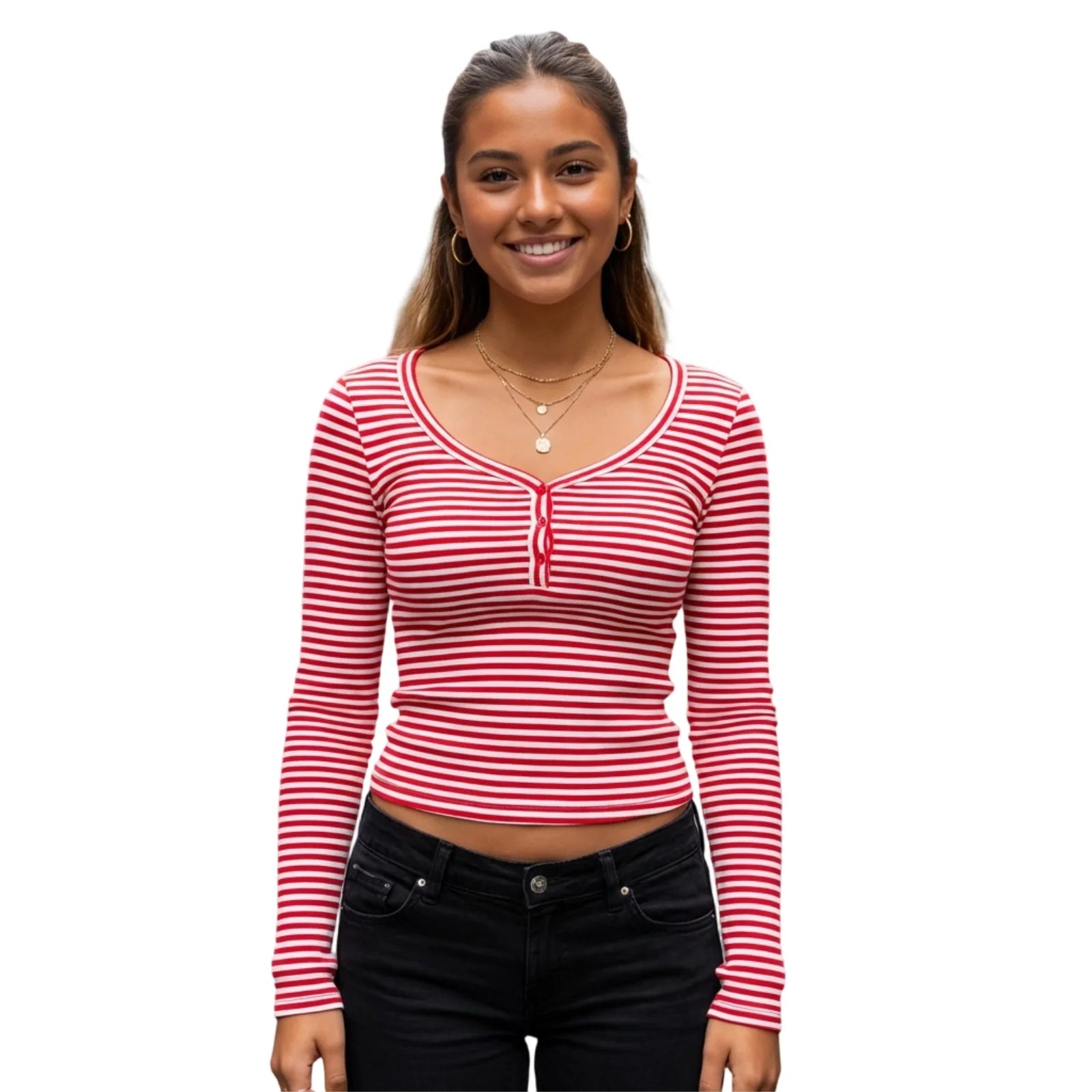 Spring Fall Basic Cropped Tops Women Long Sleeve Scoop Neck Casual Striped Print Slim Fit T-shirts