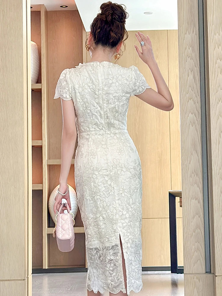 Elegant Romantic Midi Party Dress Women Sweet Floral Embroidery Hollow Out Slim Robe Female s Formal Gatherings Vestidos