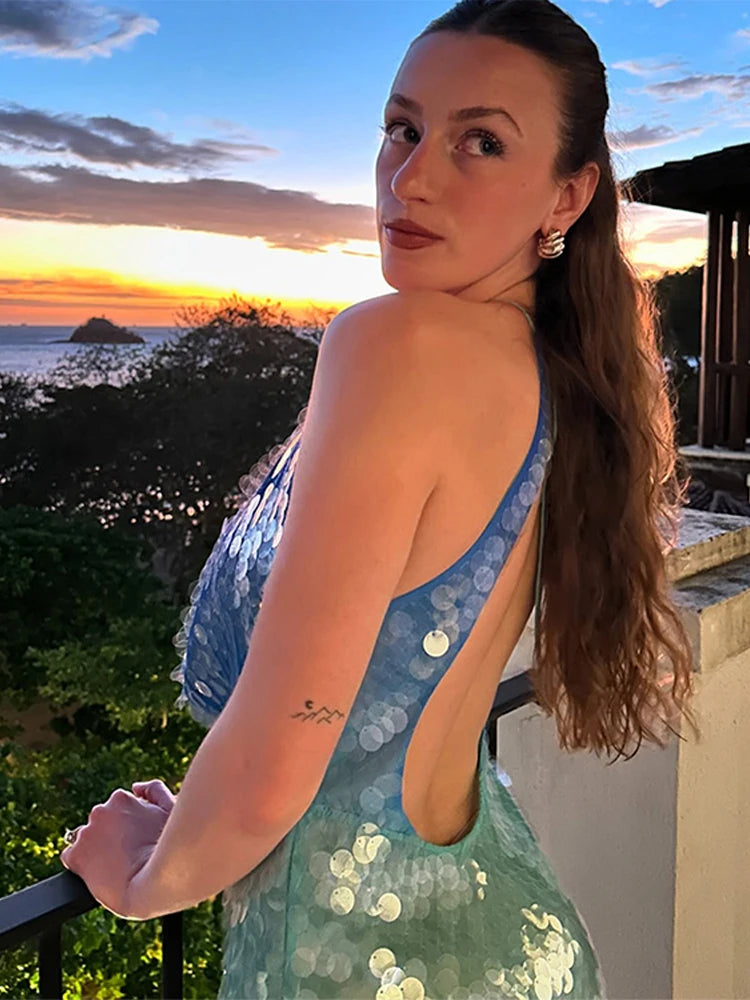 Sexy Sequin Shiny Mini Dress Women Luxury Blue Green Patchwork Halter Short Dresses Evening Party Bright Dresses