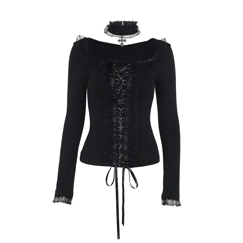 Gothic Lace Trim Long Sleeve Top