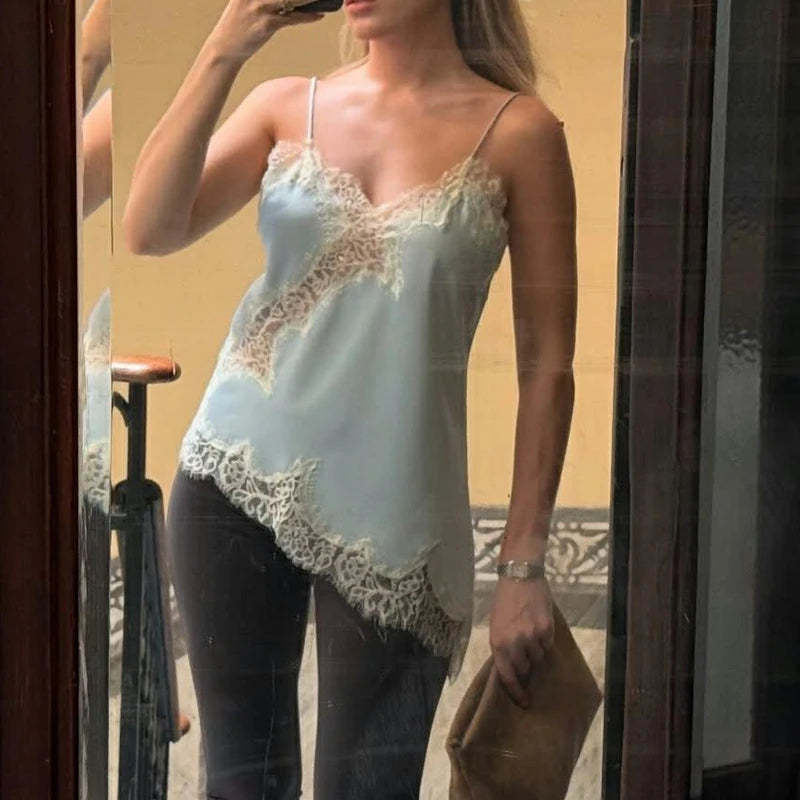 Combhasaki Women Floral Lace Trim Satin High Low Vest Silk Spaghetti Strap Side Split Asymmetrical Cami Flowy Silky Layering Top