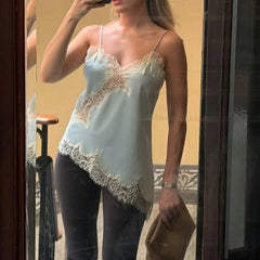 Combhasaki Women Floral Lace Trim Satin High Low Vest Silk Spaghetti Strap Side Split Asymmetrical Cami Flowy Silky Layering Top