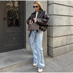 Vintage PU Leather Bomber Jackets  New Ladies Zipper Lapel Long Sleeve Pocket Coat With Belt Women's Loose Streetwear