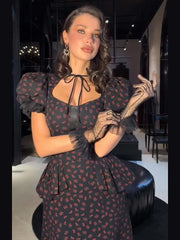 Floral Print Women's Long Dresses Square Neck Short Puff Sleeve Ruffle Mermaid Dress 2026 Spring Trendy Female Fashion Robes